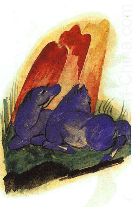 Two Blue Horses in front of a Red Rock, Franz Marc